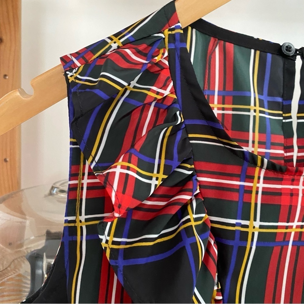 J. Crew Red Green Black Blue Tartan Christmas Holiday Plaid Ruffle Tank Top 0 - Picture 6 of 13